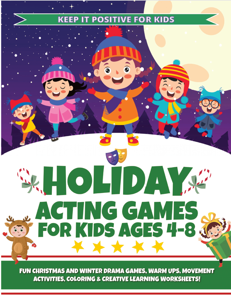 Book cover for 'Holiday Acting Games for Kids Ages 4-8' with children in winter clothing and a colorful design.